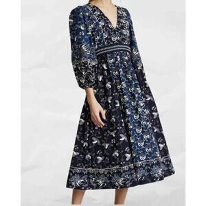 Ulla Johnson Iona Long Sleeve Midi Dress Navy Blue Floral Boho Empire Size 2